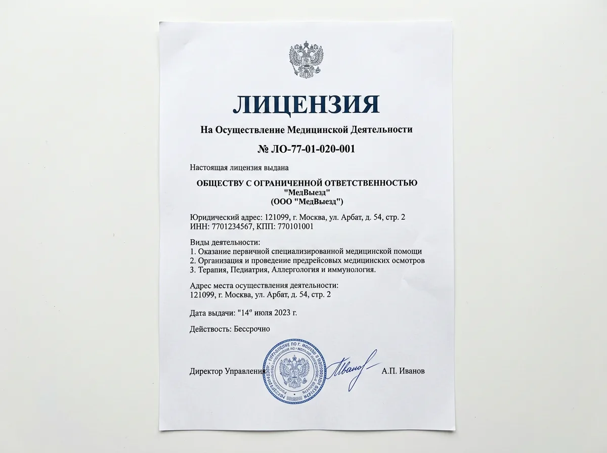 Скан медицинской лицензии Росздравнадзора ООО МедВыезд, официальный документ на белом фоне